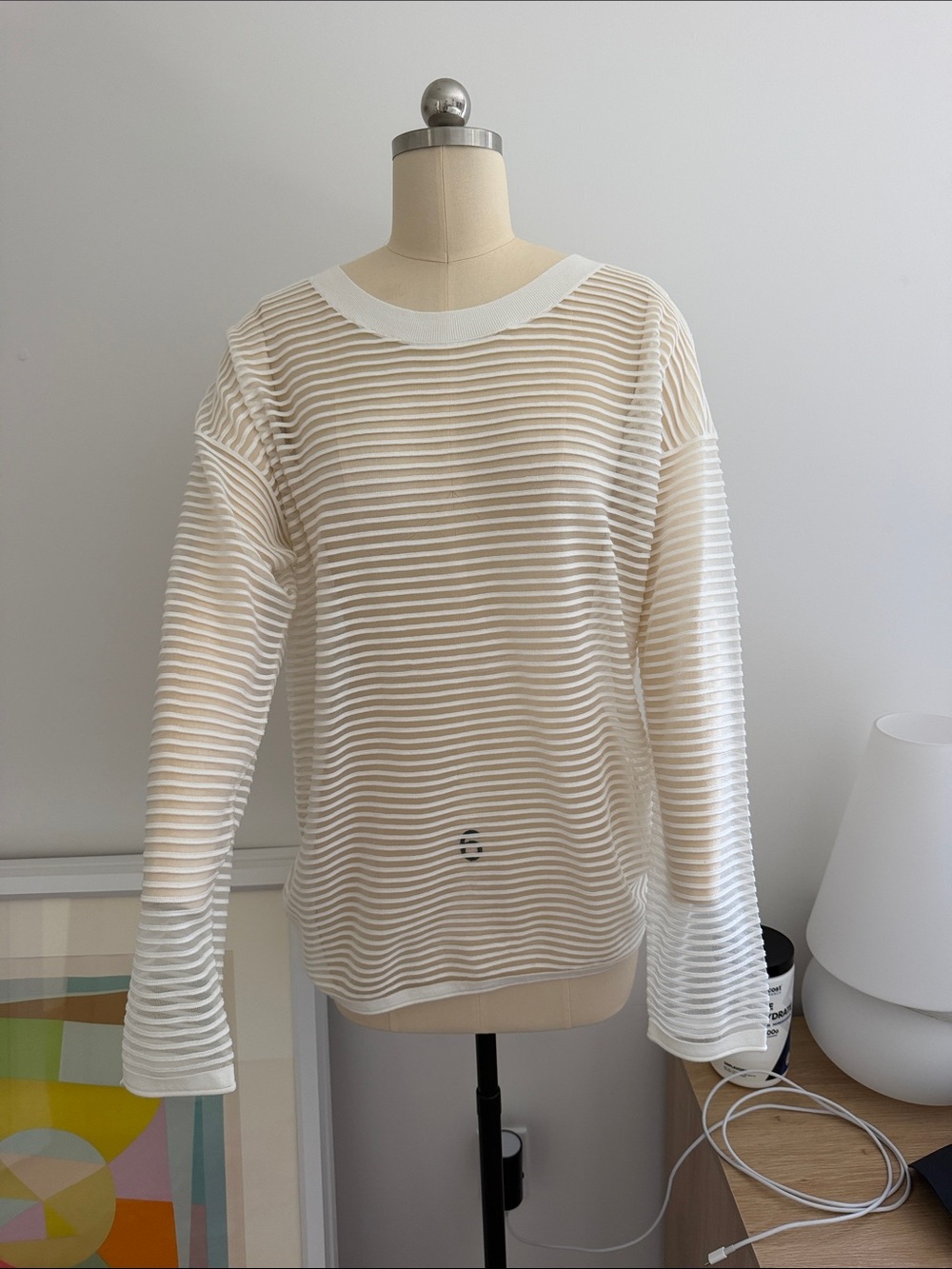 Club Monaco Cream Sheer Striped Long Sleeve Top
